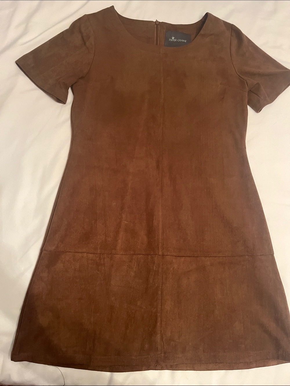 Paper Crane Brown Suede Short Sleeve Shift Dress